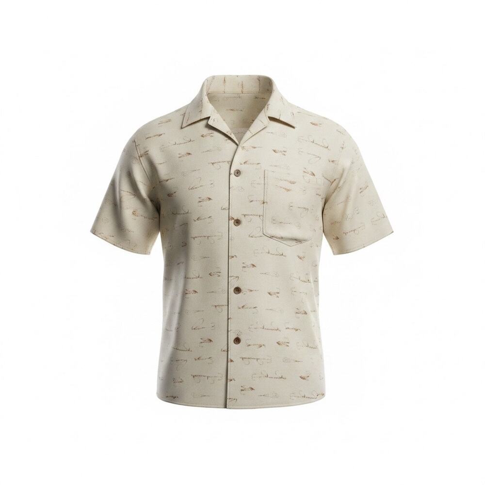 Woolrich Fishing Print Shirt Cream Button Down Relaxed Comfort Size L Outdoor